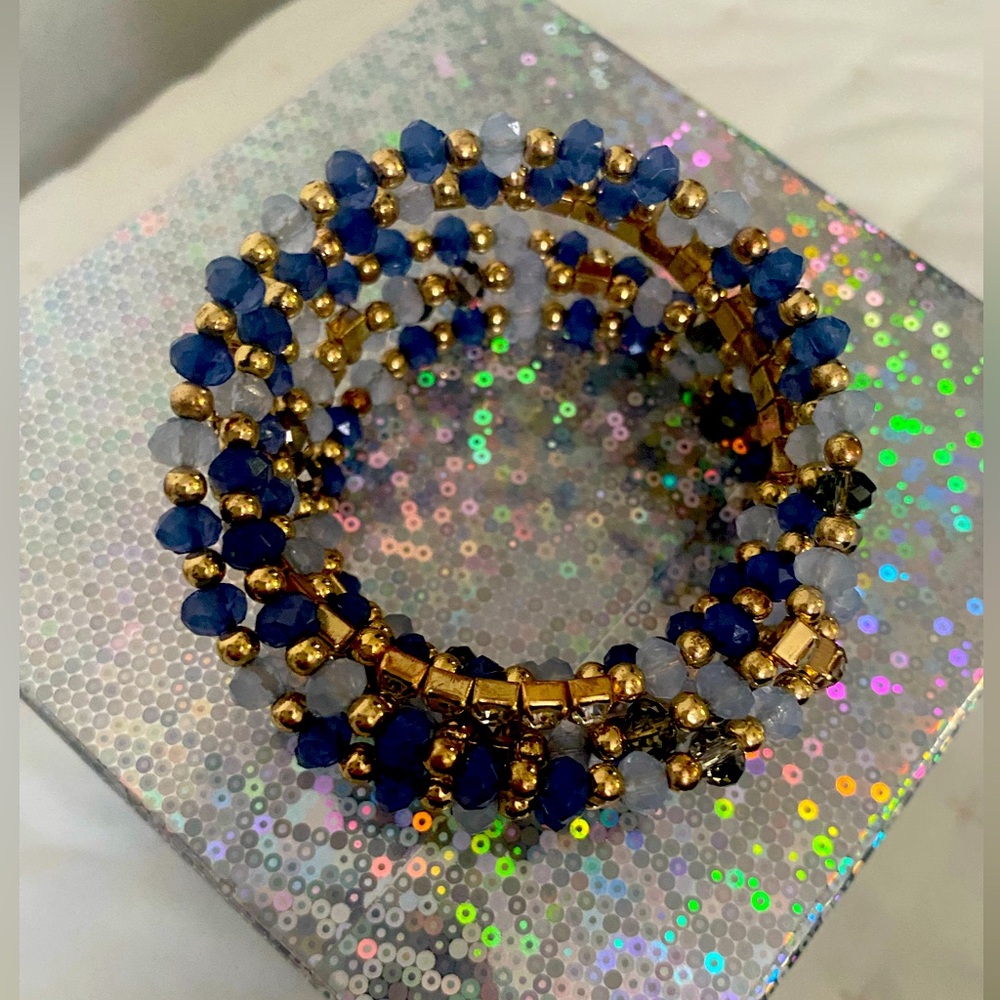Elegant Blue and Gold Glass Beaded Bracelet